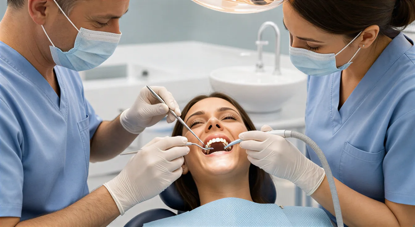 Eine Zahnärztin und eine Dentalhygienikerin führen eine professionelle Zahnreinigung bei einer entspannten Patientin durch.