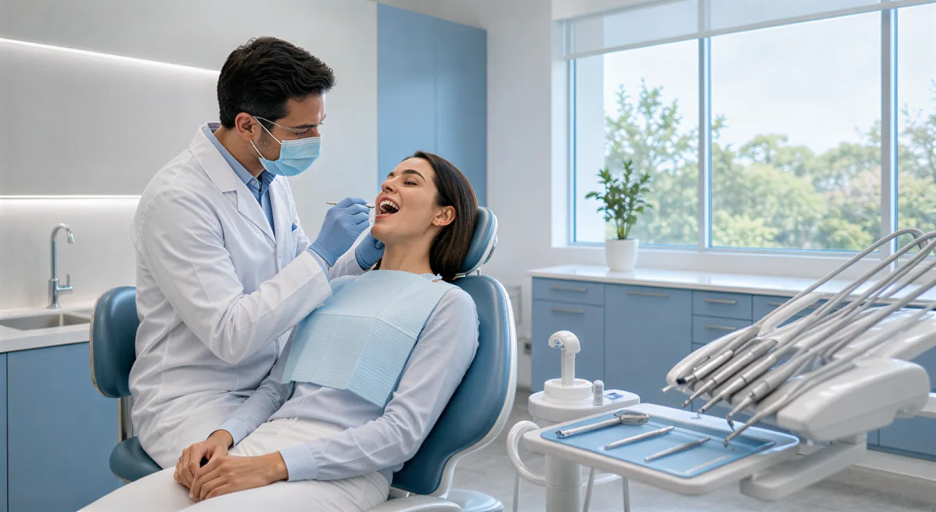 Eine Zahnärztin untersucht lächelnd einen Patienten in einem hellen, modernen Behandlungszimmer.
