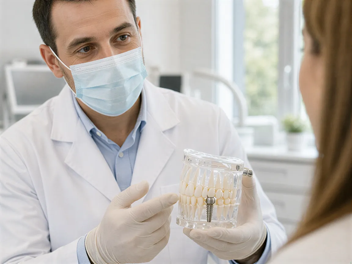 Ein Zahnarzt präsentiert ein transparentes Kiefermodell mit Implantat in einer modernen Praxis.