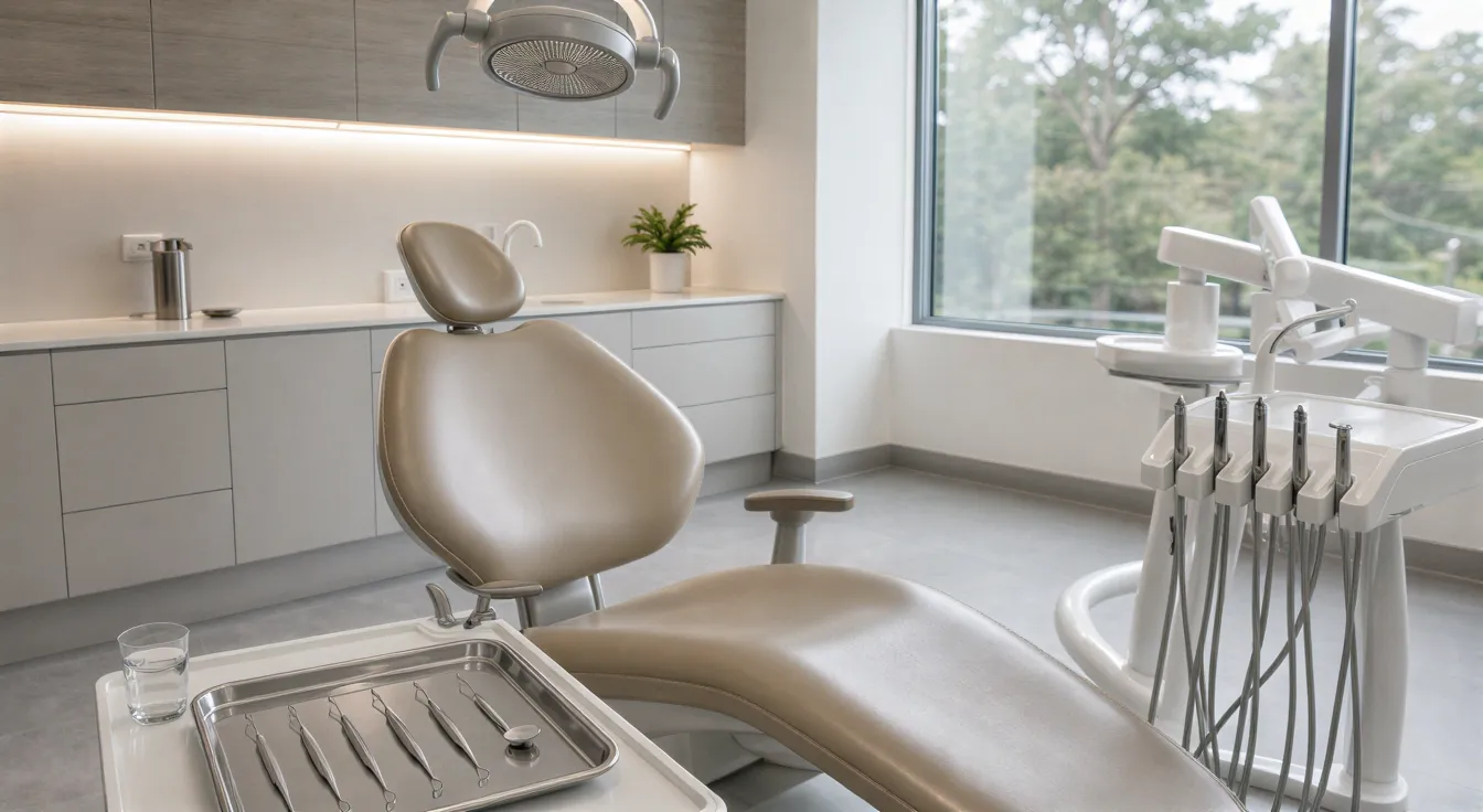 Ein moderner, aufgeräumter Behandlungsraum mit einem beigen Patientenstuhl und einem sterilen Instrumententray.