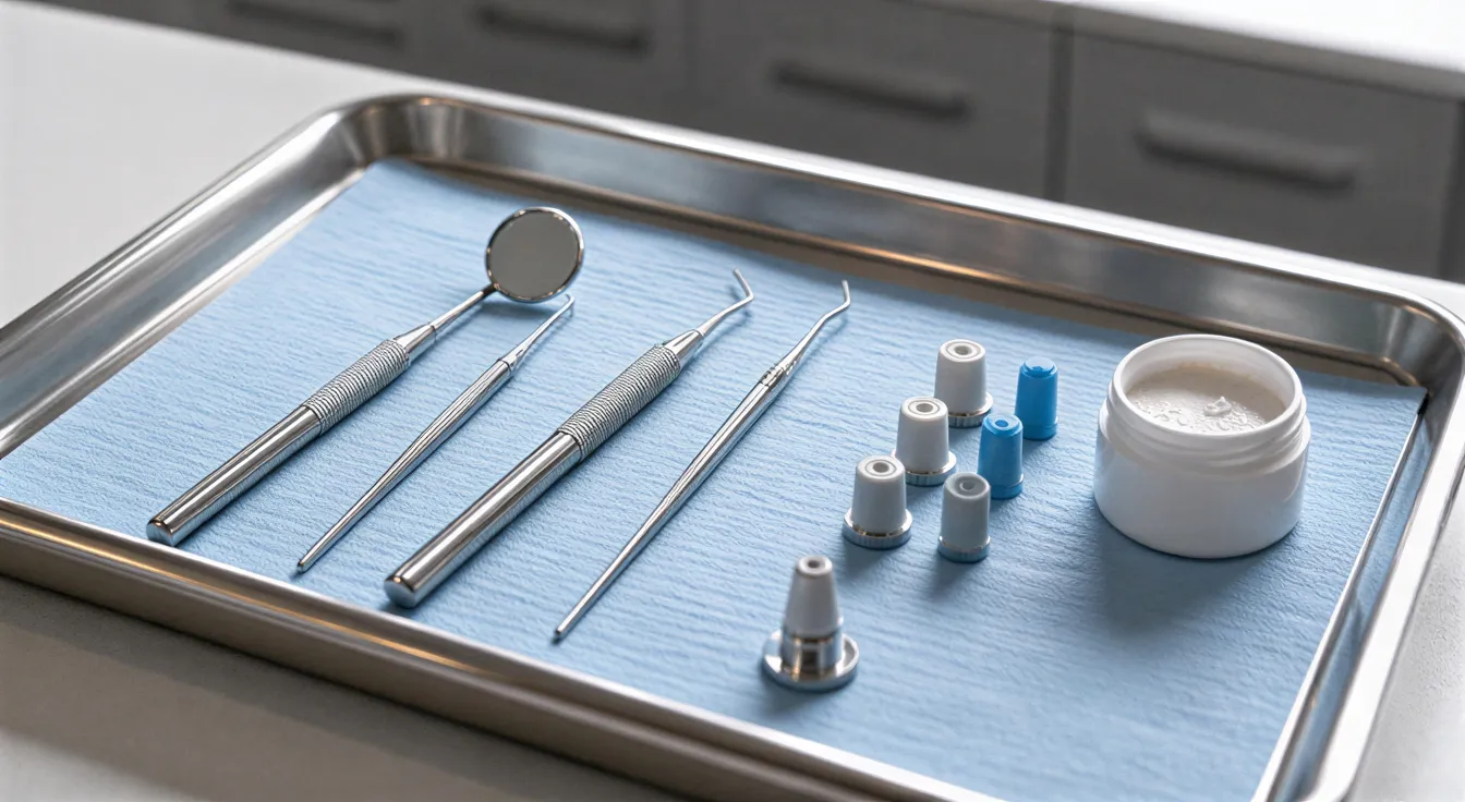 Ein steriler Edelstahltisch mit zahnärztlichen Instrumenten auf blauem Tuch in einer modernen Praxis.
