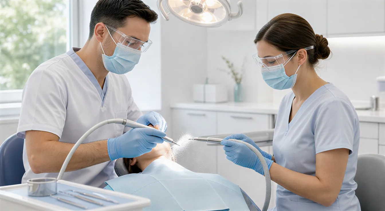 Zahnarzt und Assistentin führen eine professionelle Zahnreinigung an einem Patienten in einem modernen Behandlungsraum durch.