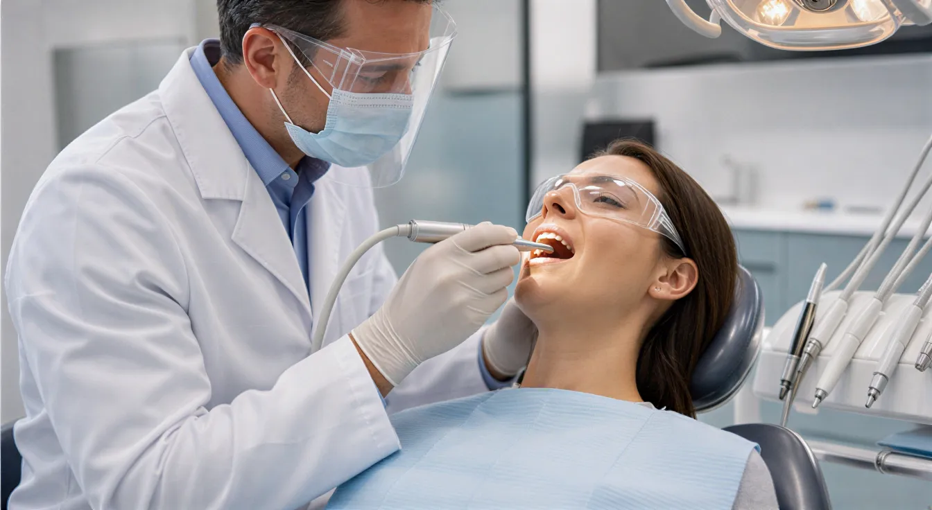 Eine Zahnärztin führt mit einem Ultraschallscaler eine professionelle Zahnreinigung an einer Patientin durch.