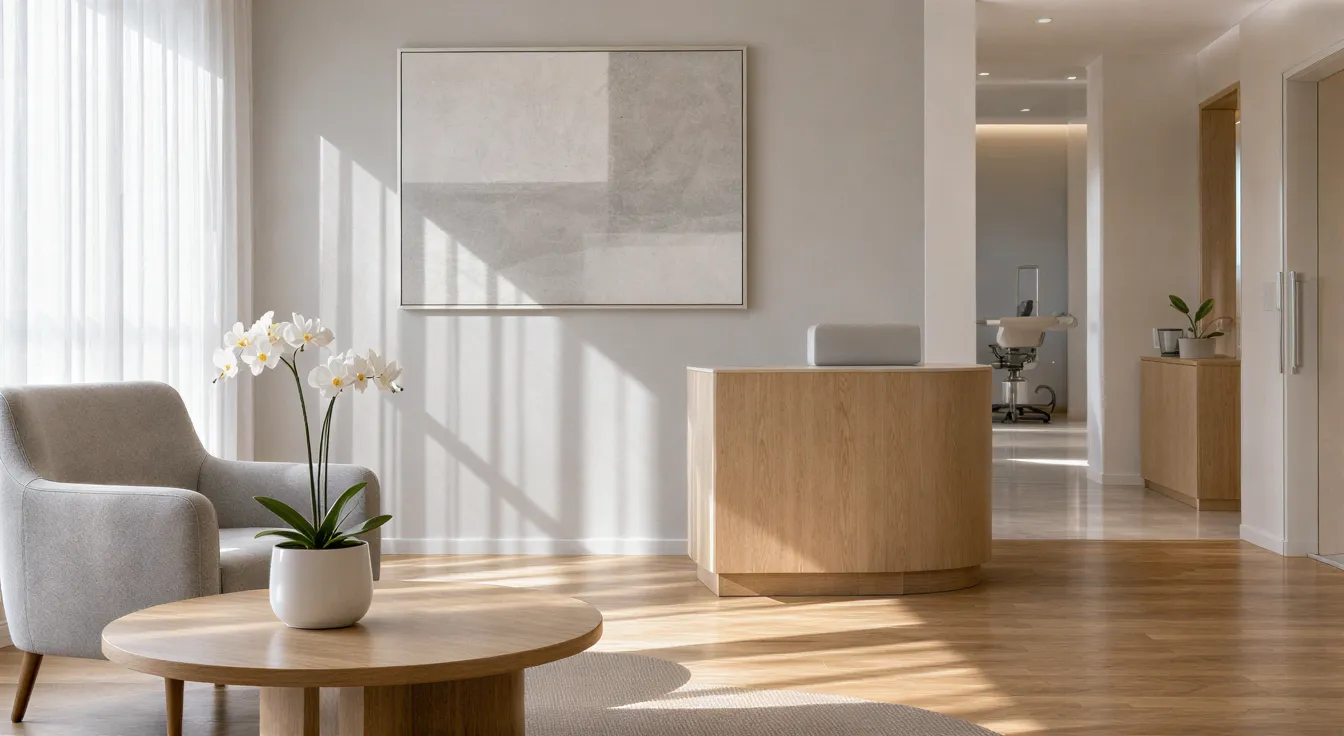 Ein minimalistischer Wartebereich einer Zahnarztpraxis mit grauem Sessel, Orchidee und Sonnenlicht auf Holzboden.
