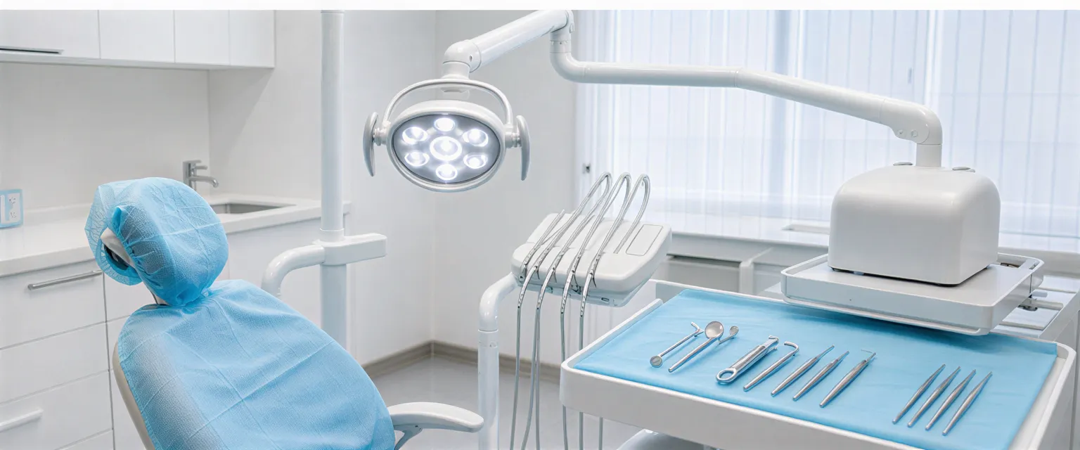 Ein moderner Zahnbehandlungsraum mit weißem Patientenstuhl, sterilen Instrumenten und natürlichem Tageslicht.