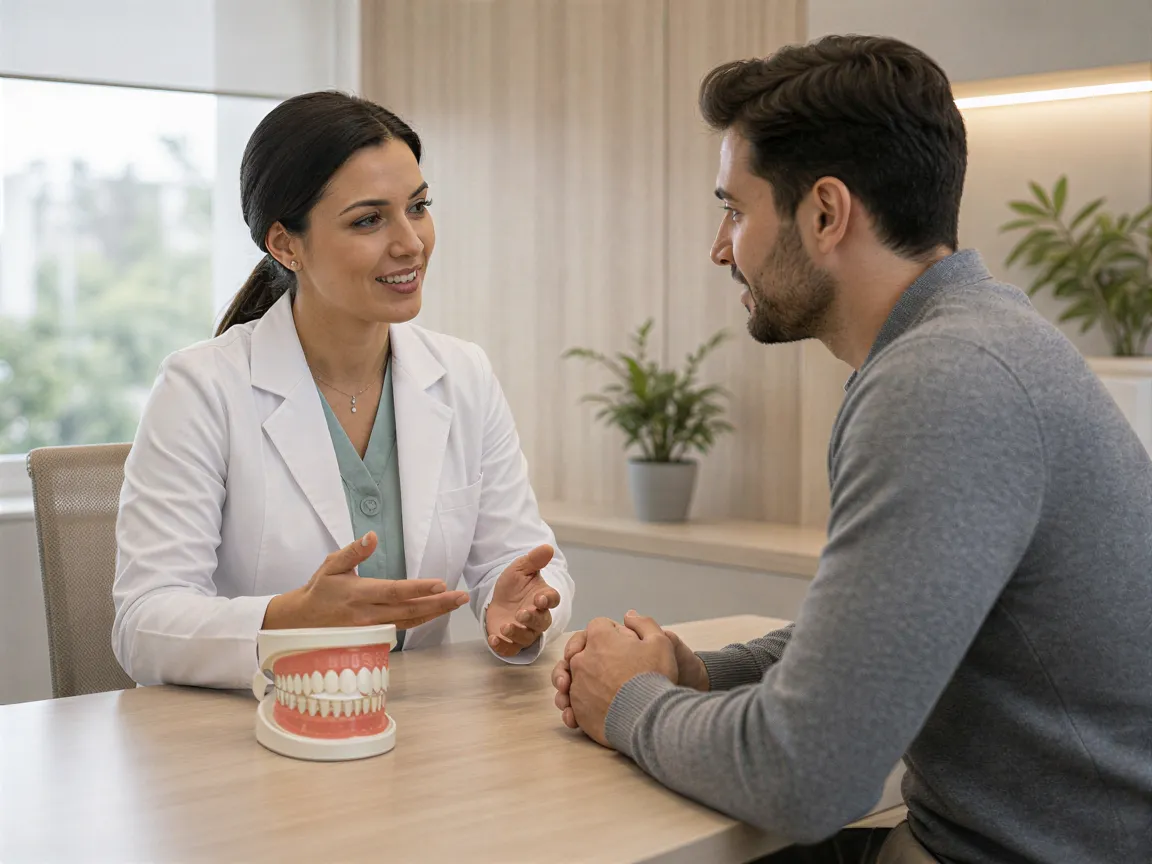 Eine Zahnärztin erklärt einem Patienten einen Behandlungsplan anhand eines Zahnmodells in einem hellen Beratungsraum.