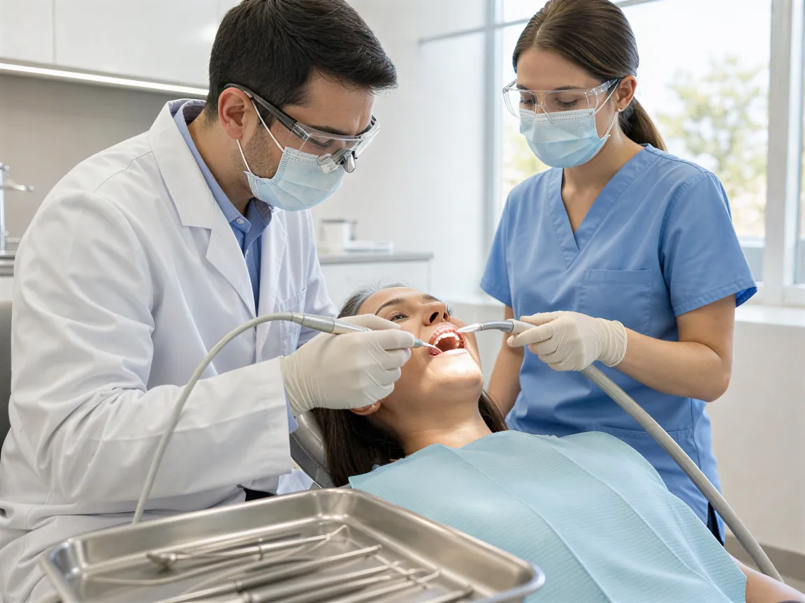 Zahnarzt und Assistentin führen eine professionelle Zahnreinigung an einem Patienten durch.