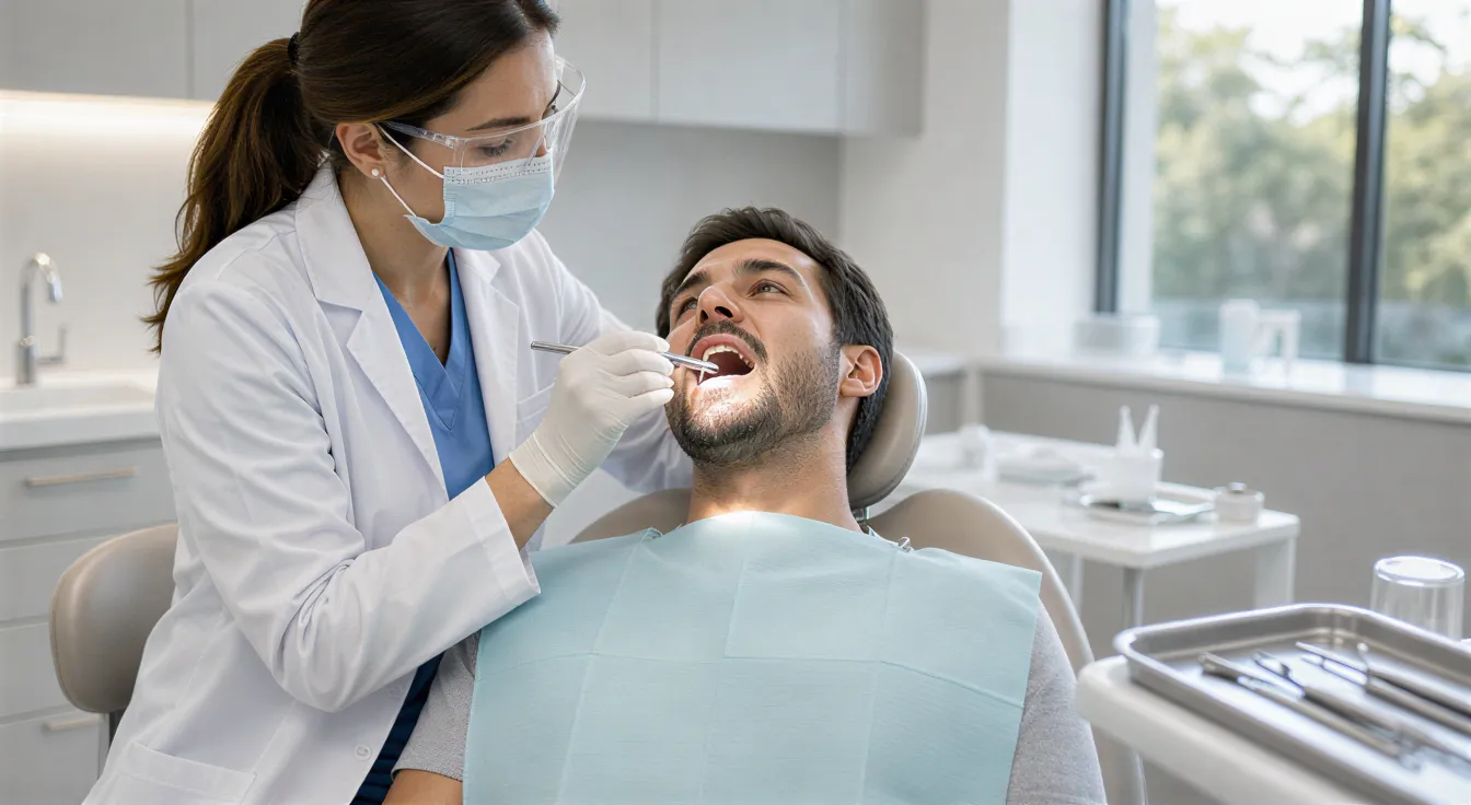 Eine Zahnärztin führt eine Untersuchung an einem Patienten in einem modernen Behandlungszimmer durch.