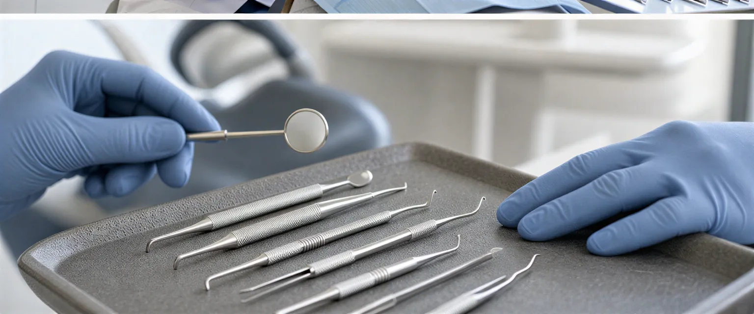 Zwei behandschuhte Hände halten einen Zahnspiegel neben sterilen Instrumenten auf einer Keramikschale.