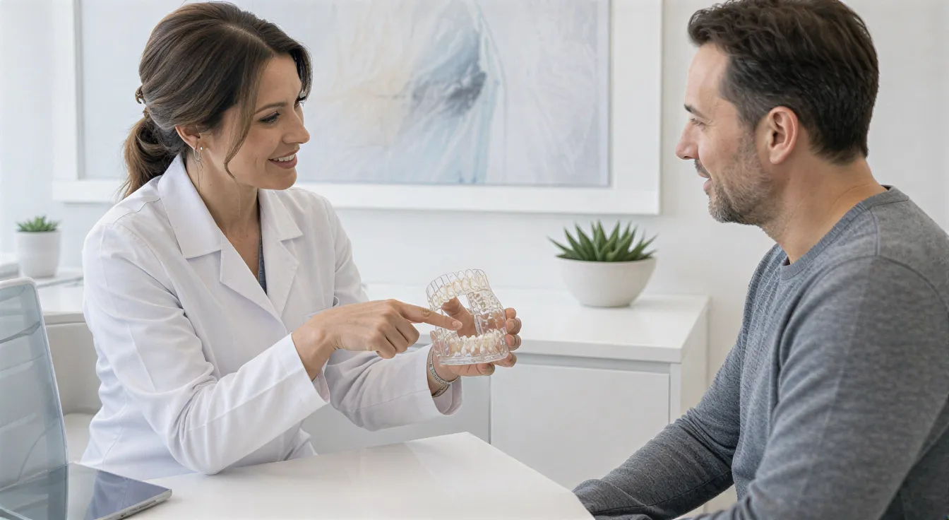 Eine Zahnärztin erklärt einem Patienten ein 3D-Modell eines Gebisses in einem hellen, modernen Behandlungsraum.