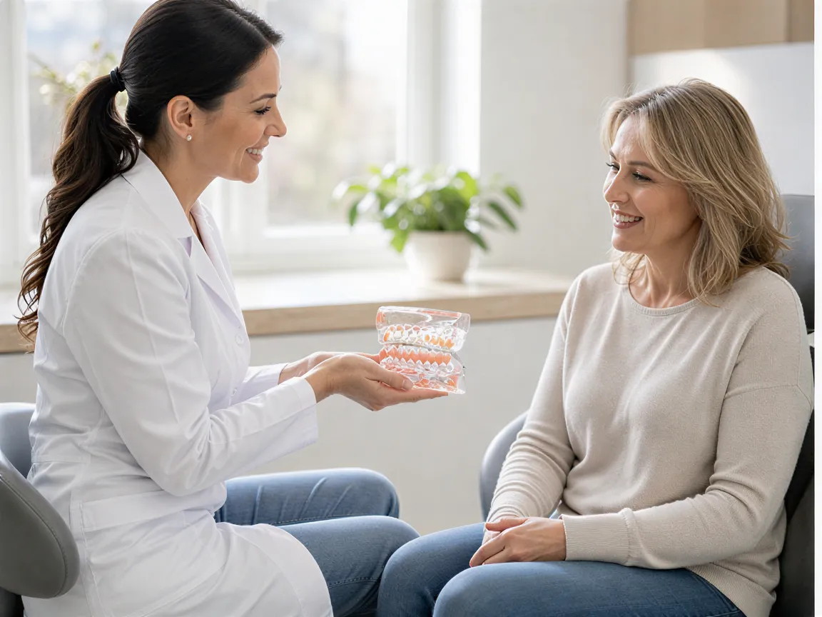 Eine Zahnärztin übergibt einem Patienten ein Zahnmodell in einem hellen, modernen Behandlungsraum.
