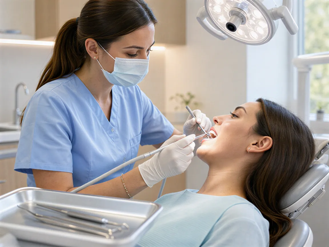 Eine Zahnärztin führt eine professionelle Zahnreinigung bei einer Patientin in einem modernen Behandlungsraum durch.