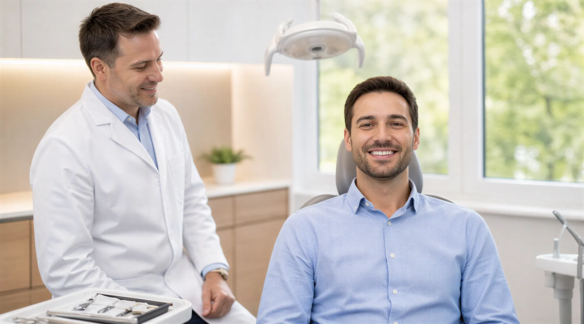 Ein Patient lächelt in einem modernen Behandlungszimmer, während die Zahnärztin zufrieden danebensteht.