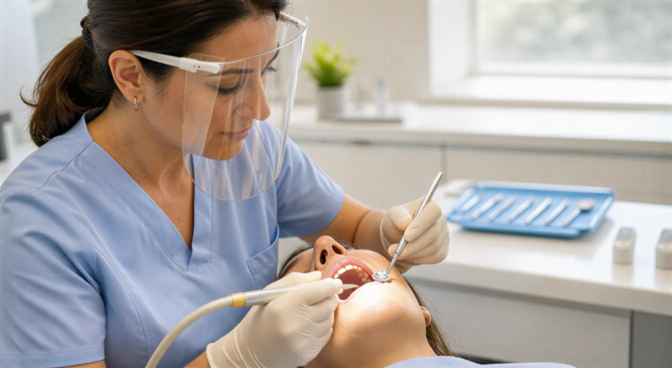 Eine Zahnärztin führt mit modernen Instrumenten eine professionelle Zahnreinigung bei einem Patienten durch.