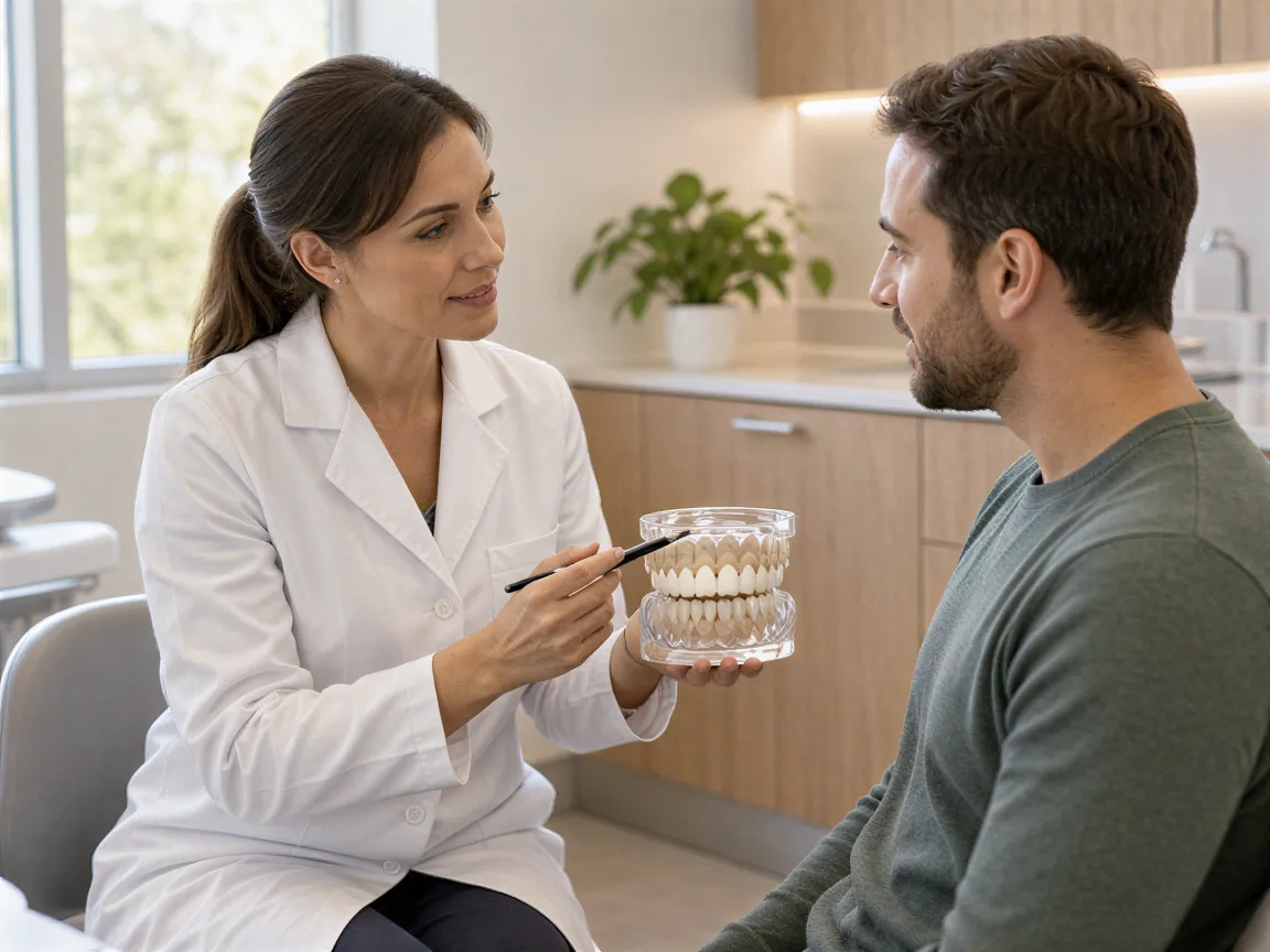 Eine Zahnärztin erklärt einem Patienten anhand eines Zahnmodells den Behandlungsplan in einem hellen Beratungsraum.