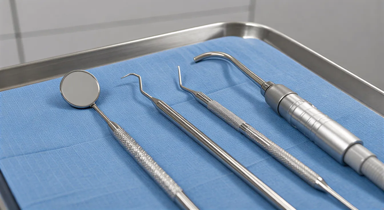Ein Zahnarztbesteck mit Spiegel, Sonde und Absauger liegt ordentlich auf einem blauen Tuch in einer Klinik.
