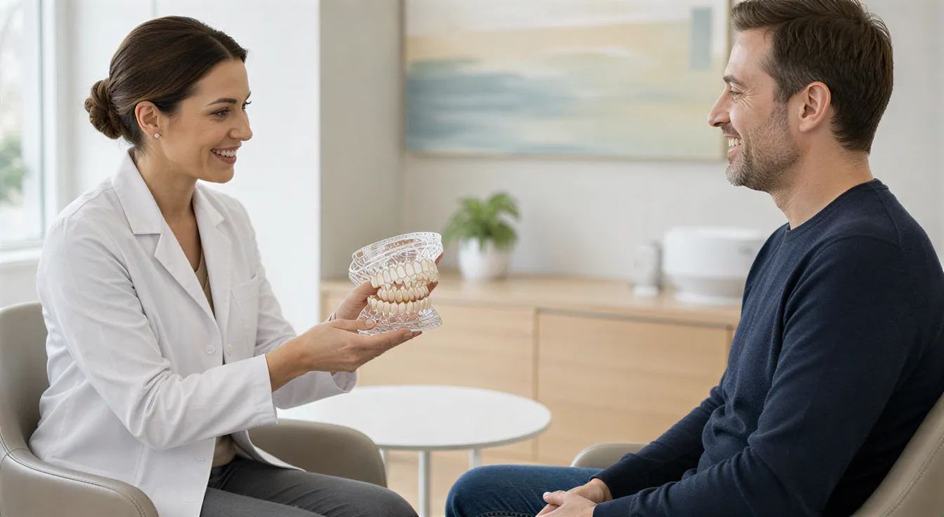 Eine Zahnärztin erklärt einem Patienten anhand eines transparenten Gebissmodells eine Behandlung in einem hellen