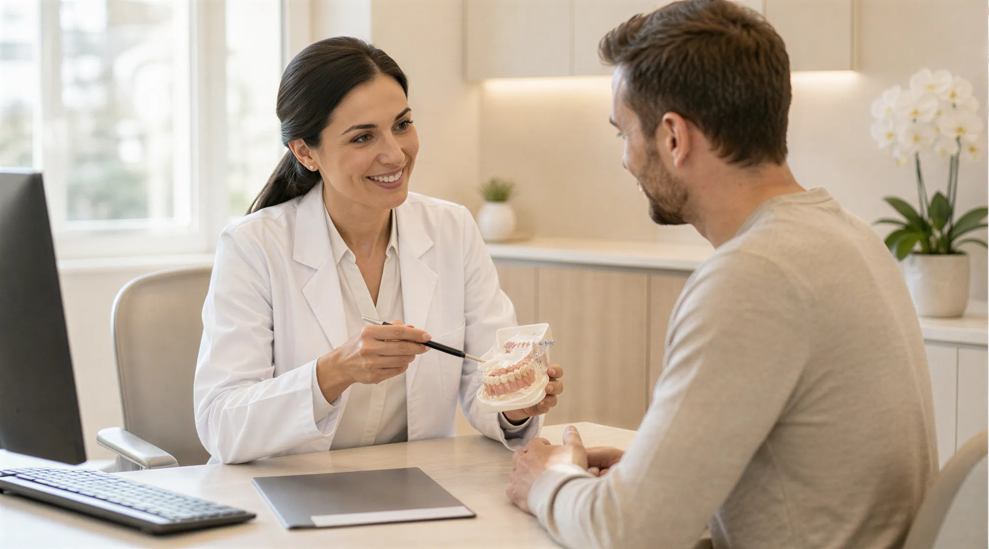 Eine Zahnärztin erklärt einem Patienten anhand eines Gebissmodells eine Behandlung in einem hellen Behandlungsraum.
