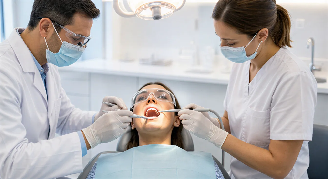 Ein Zahnarzt und eine Dentalhygienikerin führen eine professionelle Zahnreinigung an einem Patienten durch.