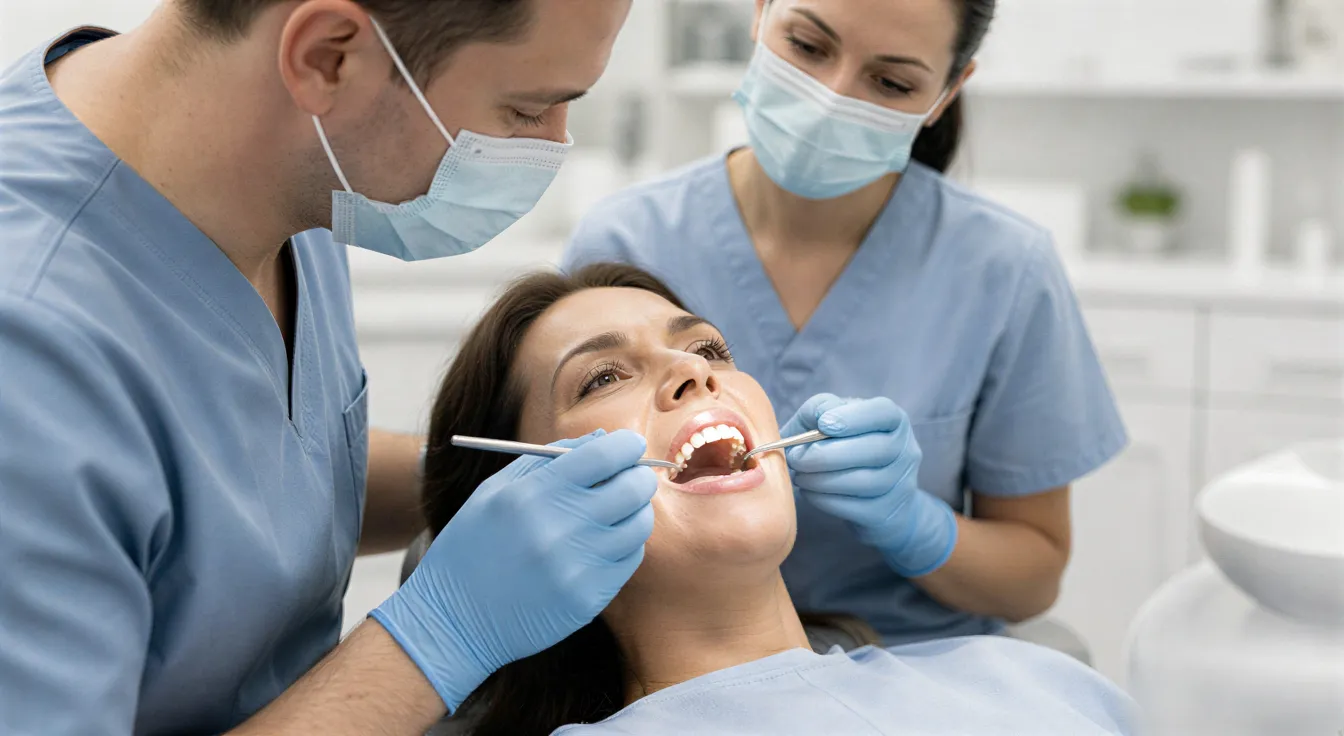 Eine Zahnärztin in hellblauen Handschuhen untersucht mit einem Instrument die oberen Zähne einer Patientin.