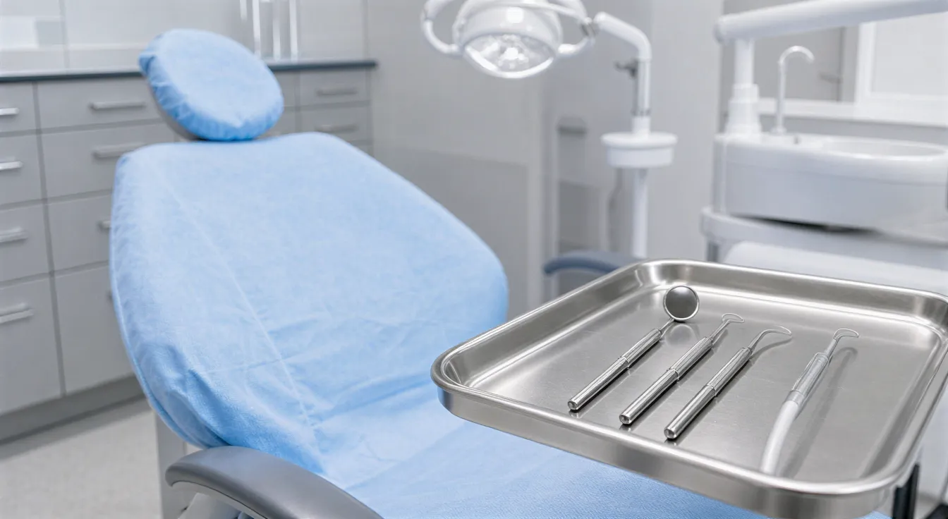 Ein leerer, mit blauem Papier bezogener Patientenstuhl und ein Instrumentenwagen mit sterilen Zahnarztwerkzeugen in einem