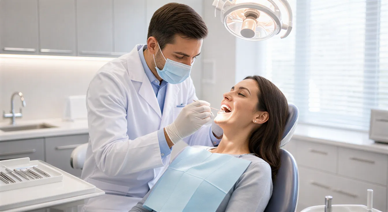 Eine Zahnärztin untersucht eine Patientin in einem modernen, hellen und hygienischen Behandlungsraum.