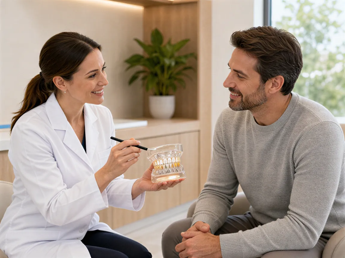 Eine Zahnärztin erklärt einem Patienten an einem Zahnmodell einen Implantat-Eingriff in einer modernen Praxis.