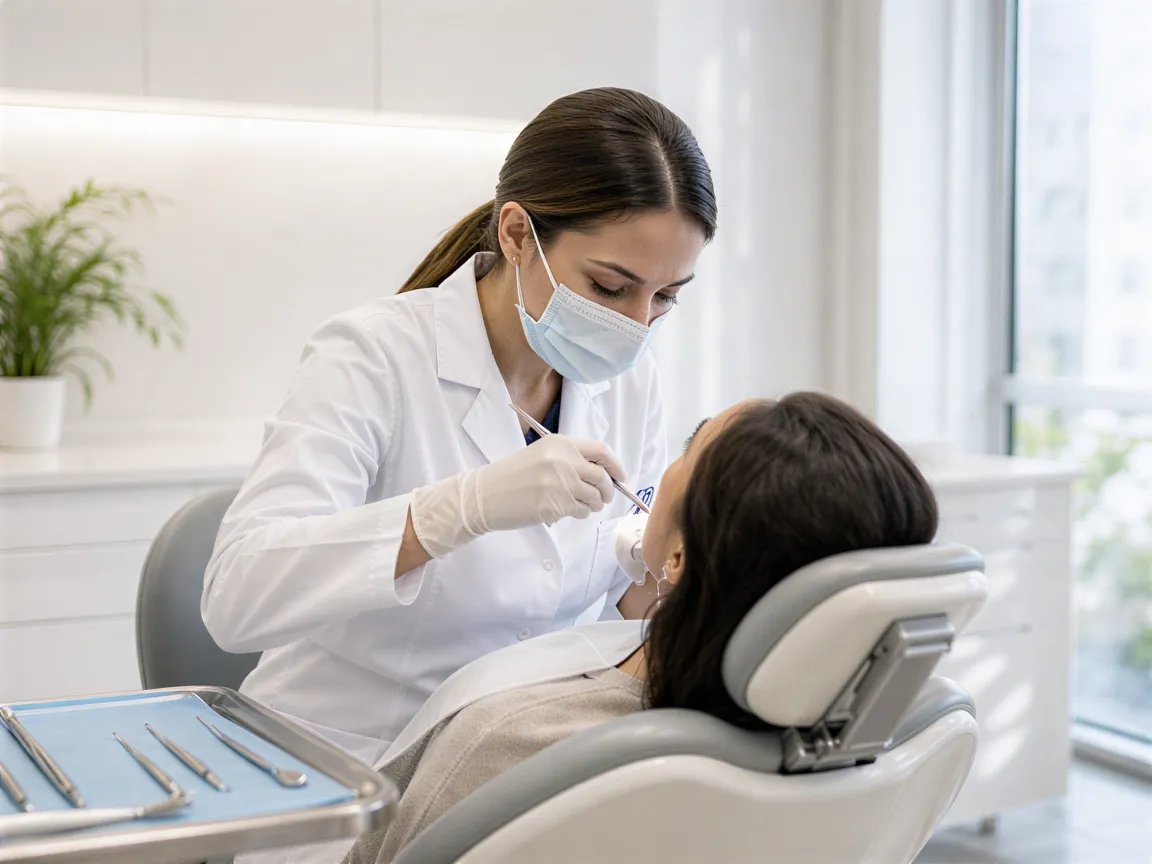 Eine Zahnärztin führt eine professionelle Zahnreinigung bei einer Patientin in einem hellen, modernen Behandlungsraum durch.