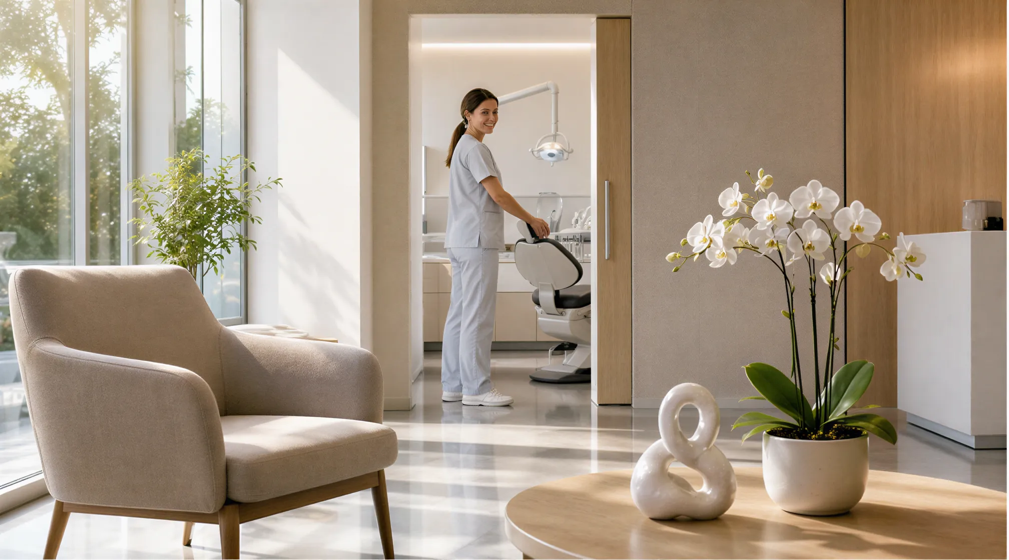 Eine Dentalhygienikerin bereitet einen Behandlungsraum vor, während Morgenlicht einen minimalistischen Wartebereich erhellt.