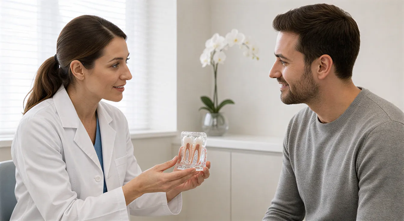 Eine Zahnärztin erklärt einem Patienten anhand eines durchsichtigen Zahnmodells eine Behandlung in einem modernen