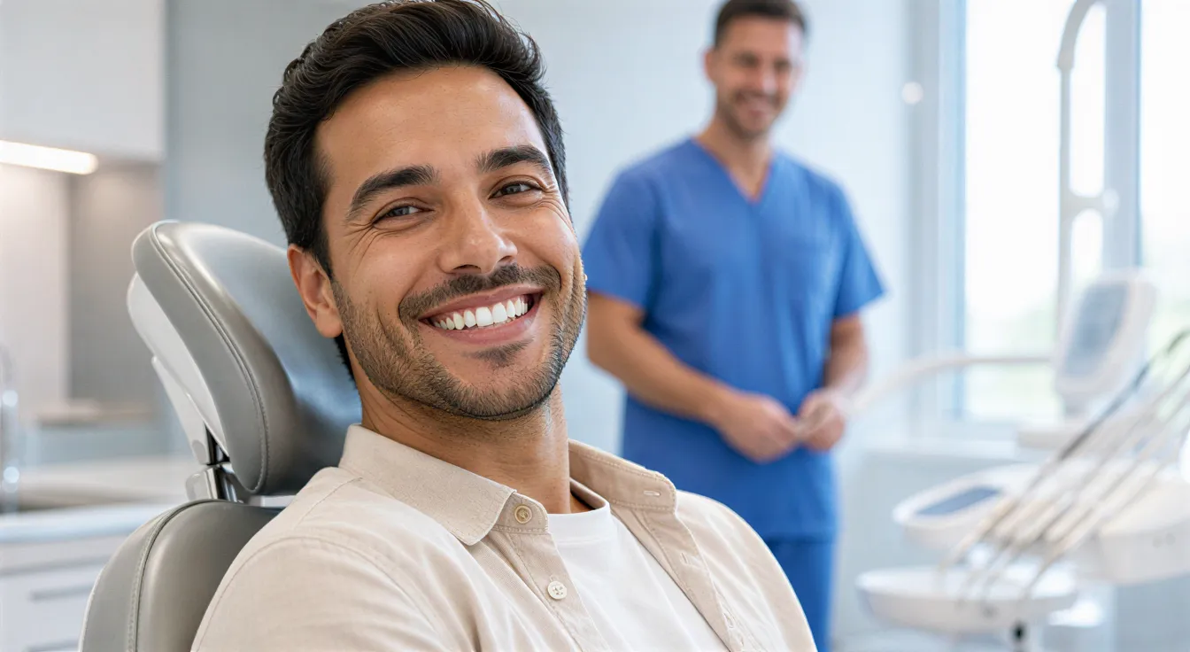 Eine zufriedene Patientin mit strahlendem Lächeln in einem modernen, sterilen Behandlungszimmer.