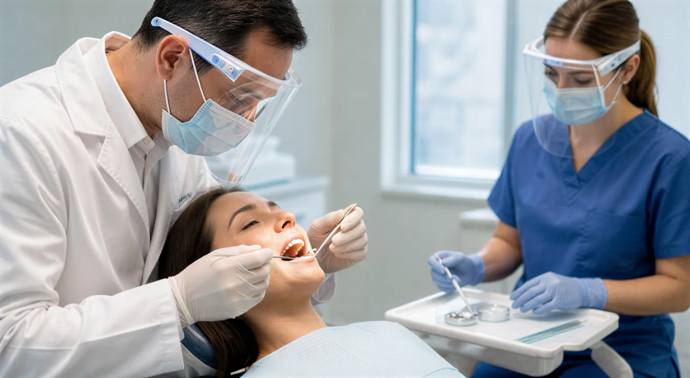 Ein Zahnarzt und eine Dentalhygienikerin untersuchen einen Patienten in einem modernen Behandlungsstuhl.