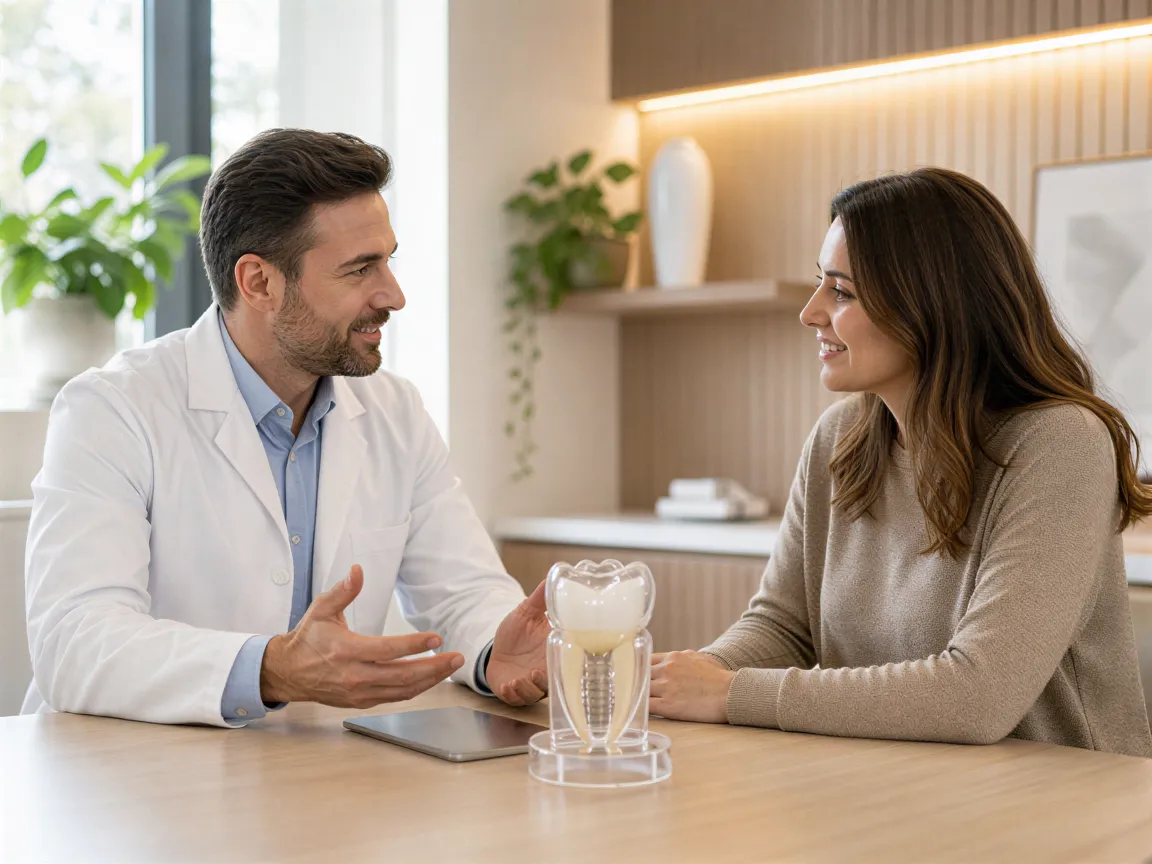 Eine Zahnärztin erklärt einem Patienten anhand eines transparenten Zahnmodells die Behandlungsoptionen in einem modernen