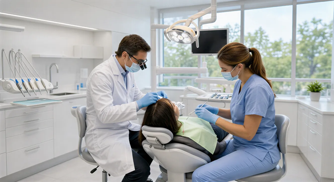 Eine Zahnärztin und eine Helferin behandeln eine Patientin in einem modernen, hellen Behandlungszimmer.