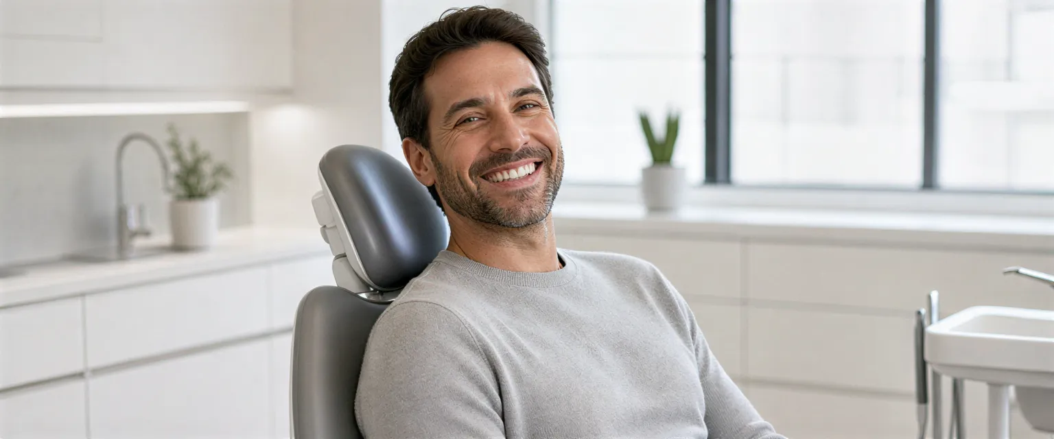 Eine Patientin lächelt entspannt in einem modernen, hellen Behandlungszimmer beim Zahnarzt.
