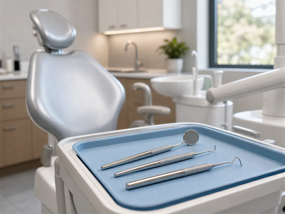 Sterile Zahnarztinstrumente liegen auf einem blauen Tablett in einem modernen Behandlungszimmer.