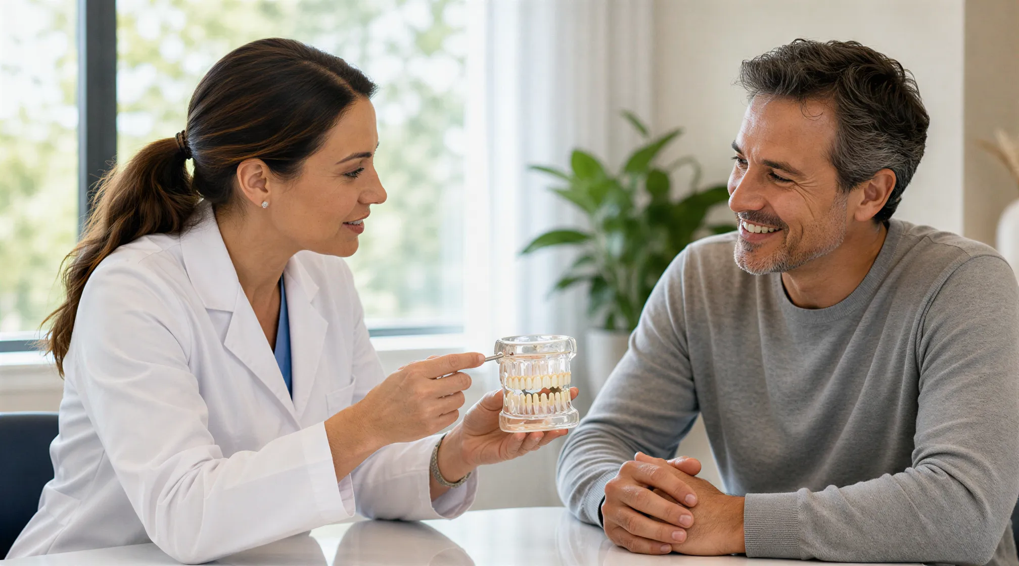 Eine Zahnärztin erklärt einem Patienten anhand eines Kiefermodells eine Behandlung in einem hellen Praxisraum.