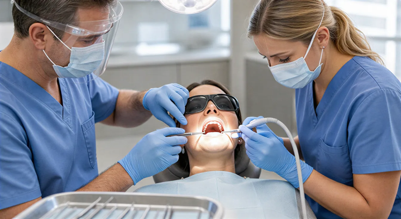 Zahnarzt und Dentalhygienikerin führen eine professionelle Zahnreinigung an einem erwachsenen Patienten durch.