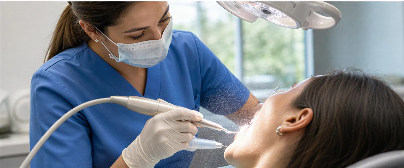 Eine Zahnärztin führt mit einem Ultraschallscaler eine professionelle Zahnreinigung bei einem Patienten durch.