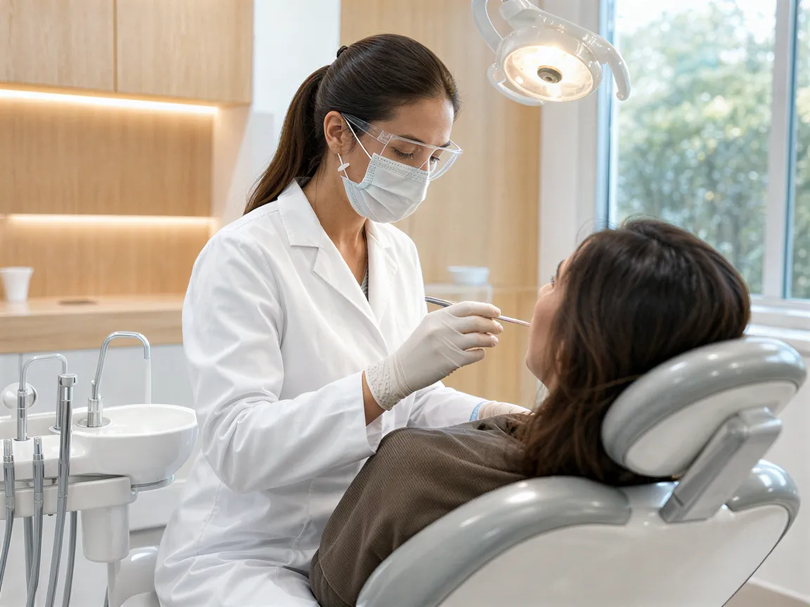 Eine Zahnhygienikerin behandelt eine Patientin in einem modernen, sterilen Behandlungszimmer.