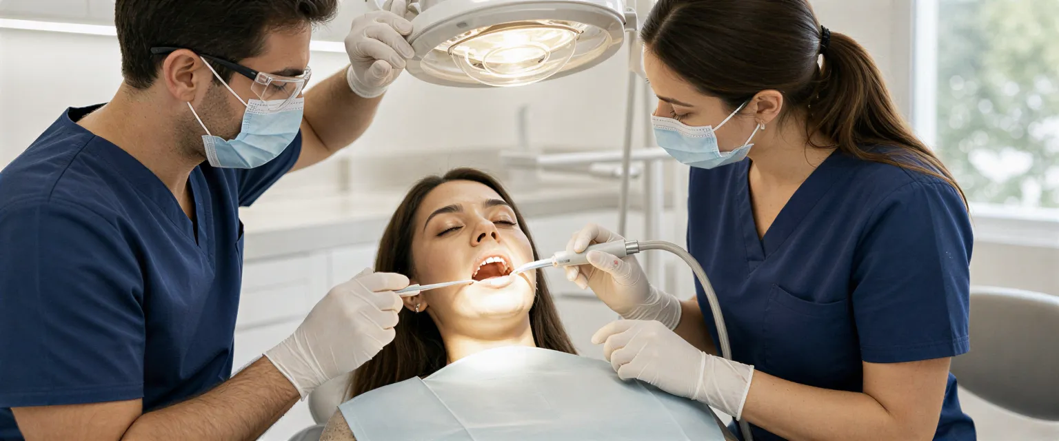 Eine Zahnärztin und eine Dentalhygienikerin führen eine professionelle Zahnreinigung bei einem entspannten Patienten durch.