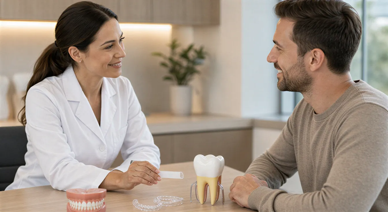 Eine Zahnärztin bespricht Behandlungsoptionen mit einem Patienten an einem modernen Schreibtisch.