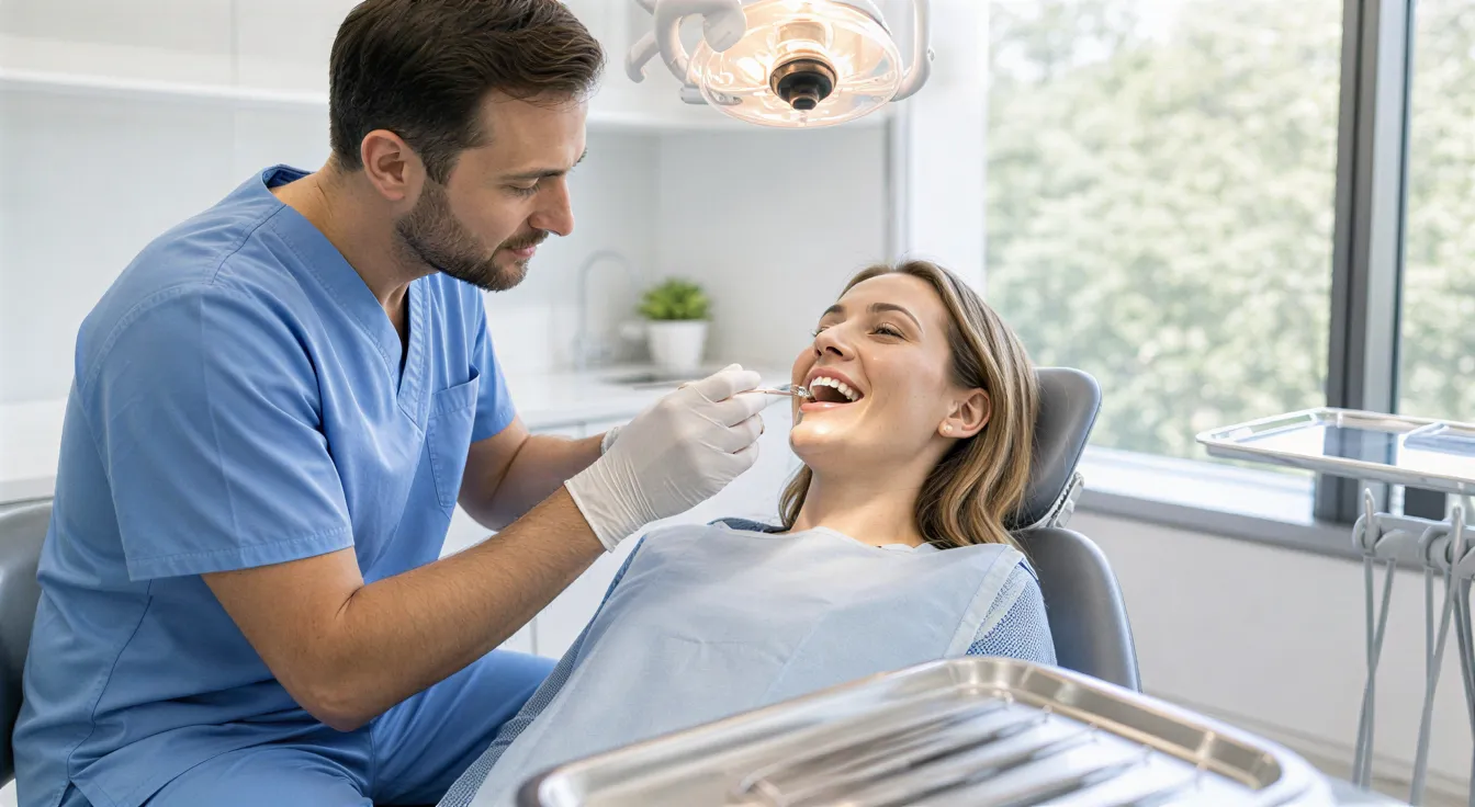Eine Zahnärztin in blauen Kitteln untersucht eine Patientin in einem modernen Behandlungszimmer.