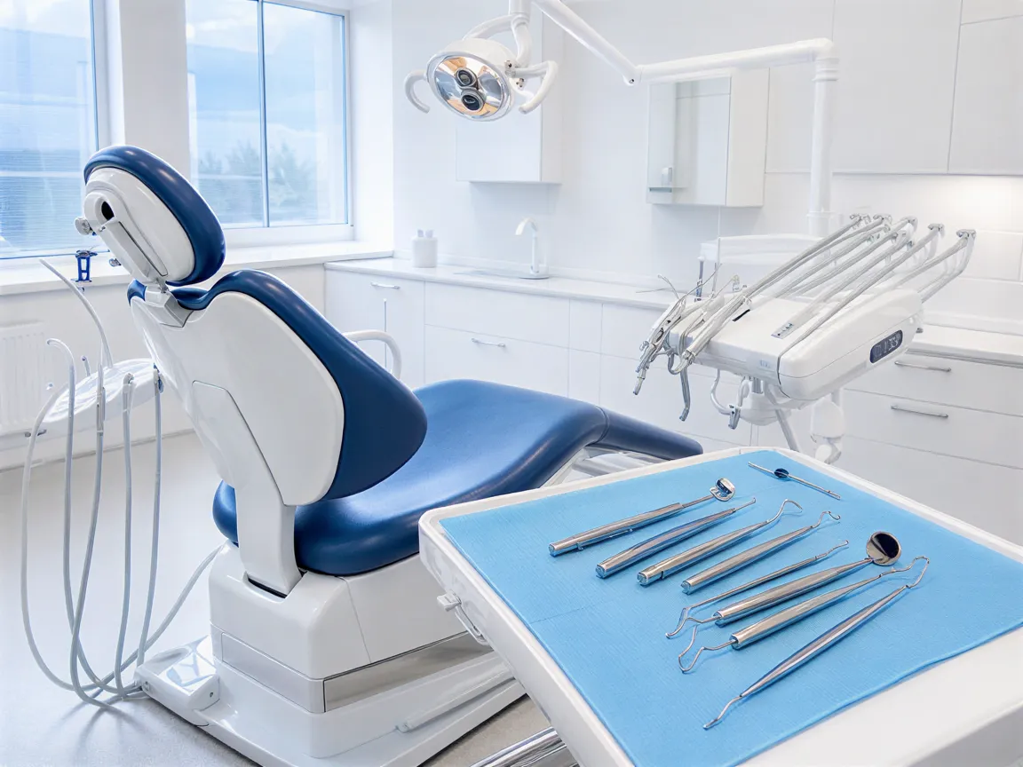 Ein moderner, leerer Zahnarztstuhl mit sterilen Instrumenten auf einem Tablett in einem klinisch sauberen Behandlungsraum.