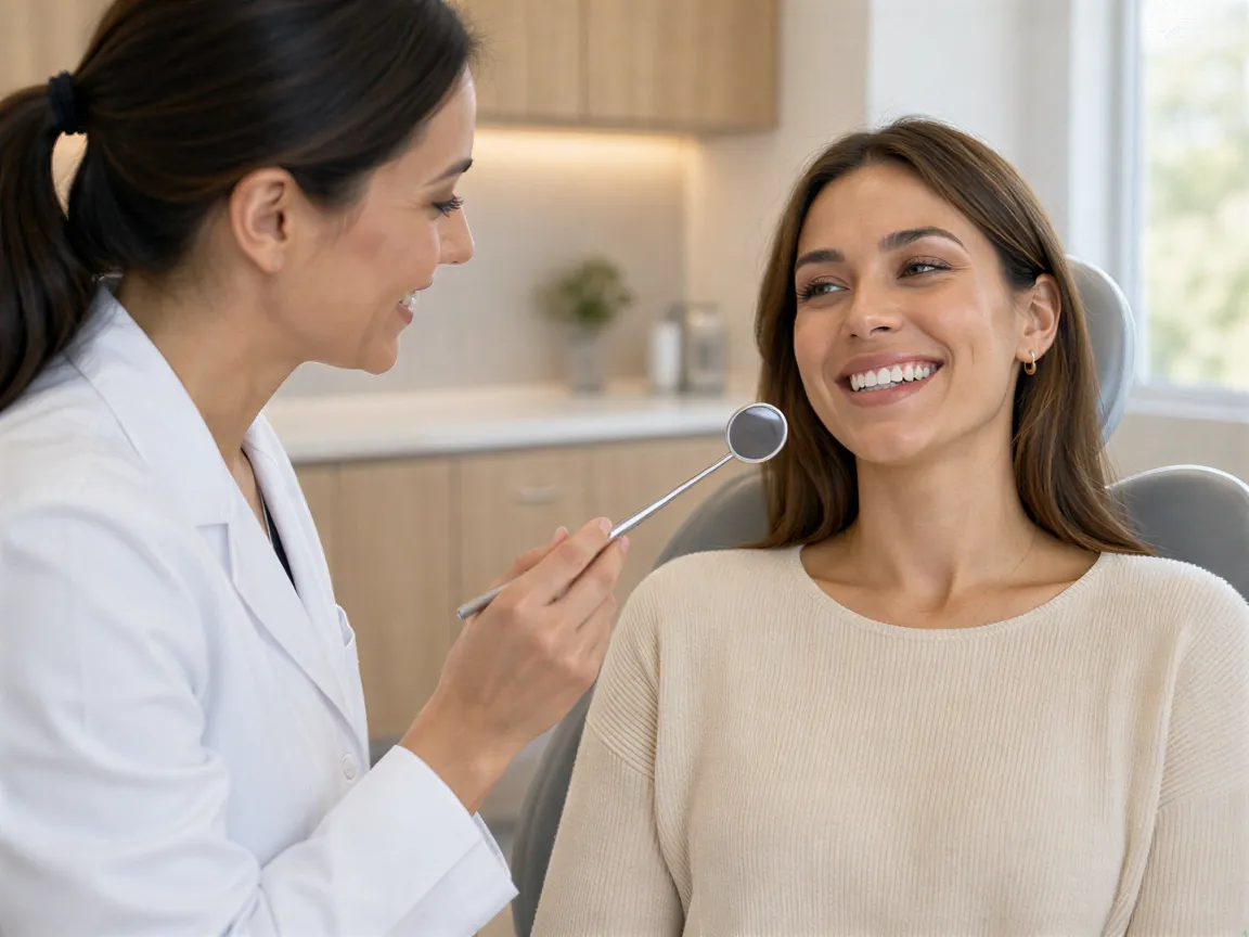 Eine Zahnärztin zeigt einer zufriedenen Patientin in einem modernen Behandlungszimmer das Ergebnis einer Behandlung.
