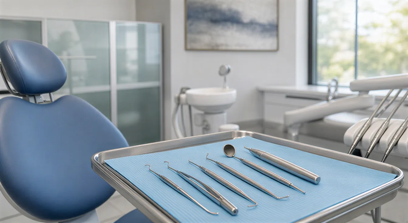 Ein unbenutzter Zahnarztstuhl mit einem geordneten Instrumententablett in einem klinisch sauberen Behandlungsraum.
