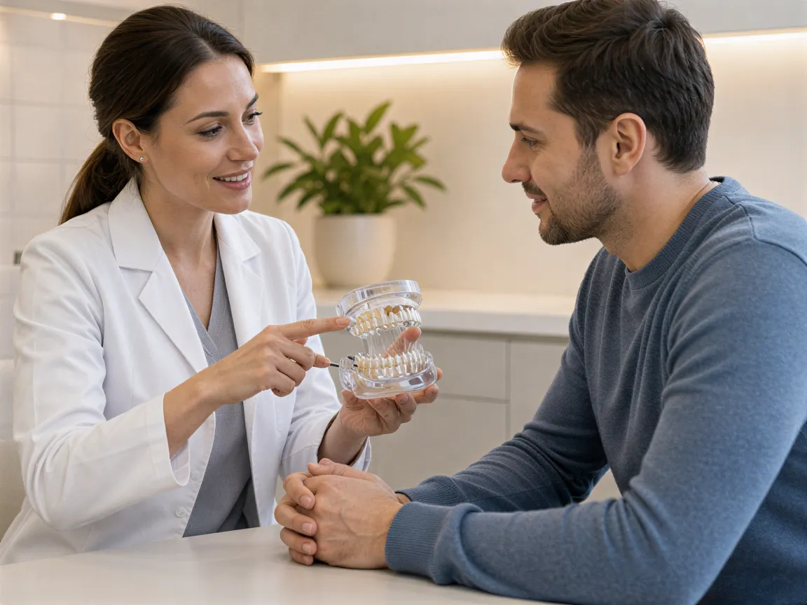 Eine Zahnärztin erklärt einem Patienten anhand eines Zahnmodells einen Behandlungsplan in einer modernen Praxis.