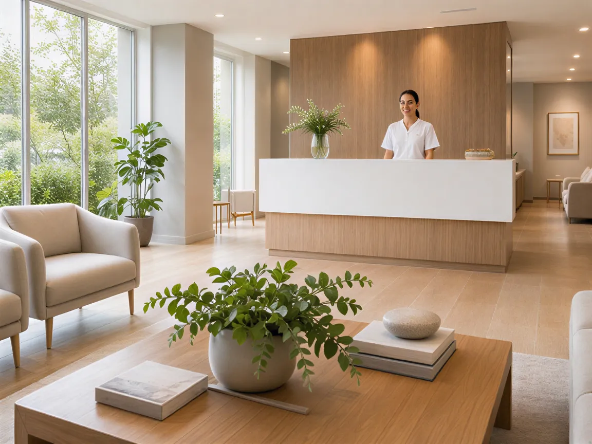 Ein geräumiges, modernes Wartezimmer einer Zahnarztpraxis mit minimalistischen Sitzmöbeln und einem Empfangstresen.