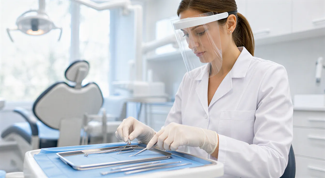 Eine Zahnärztin prüft sterilisierte Instrumente auf einem blauen Tablett in einem modernen Behandlungsraum.