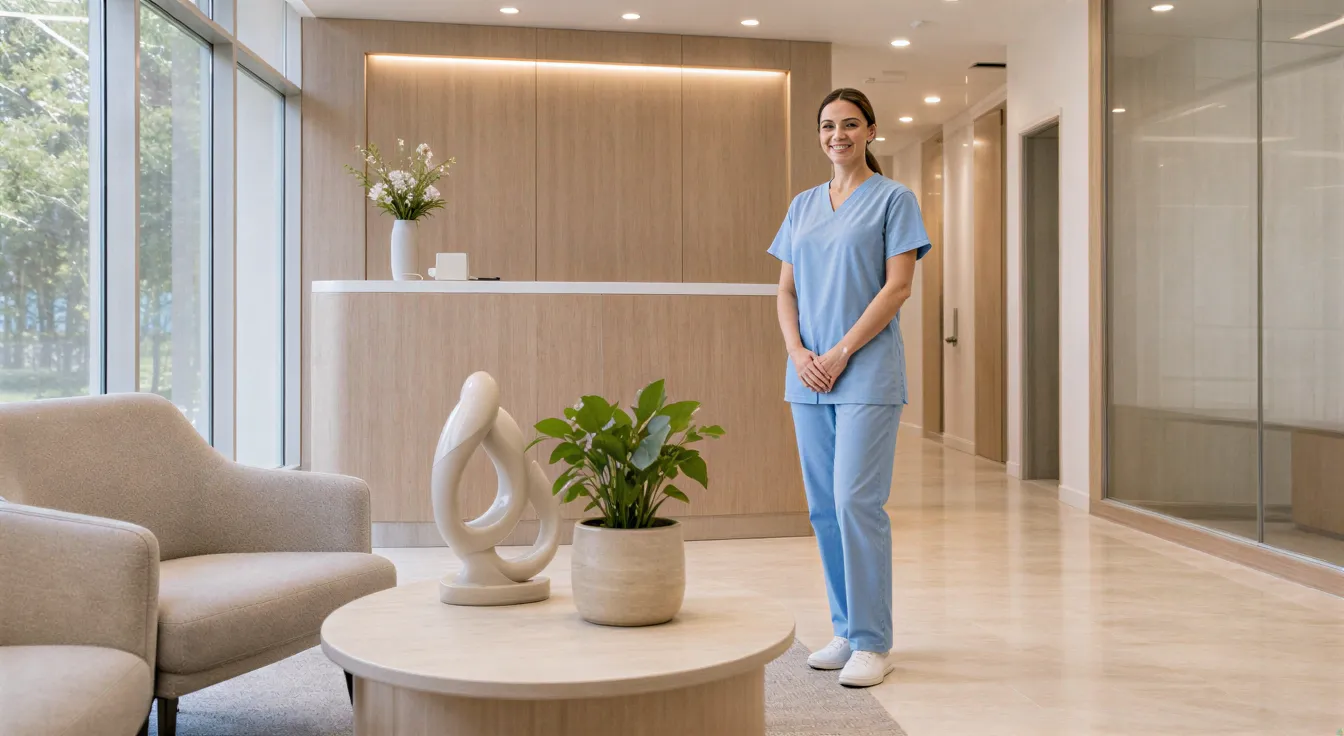Eine freundliche Zahnarzthelferin in blauen Scrubs steht an der Rezeption einer hellen, modernen Zahnarztpraxis.